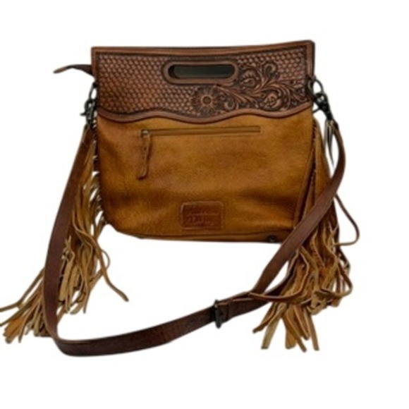 American Darling Tooled Leather Hair on Hide Gold Fringe Crossbody Bag Brown - Picture 5 of 11